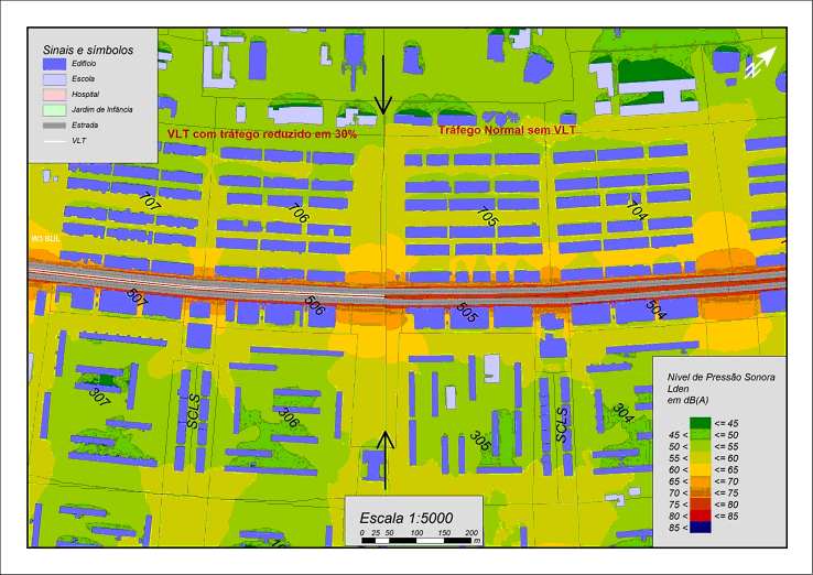 Ampliação do mapa de ruídos correspondendo à região da avenida W3 Sul localizada entre as quadras 304/704 e 307/707.